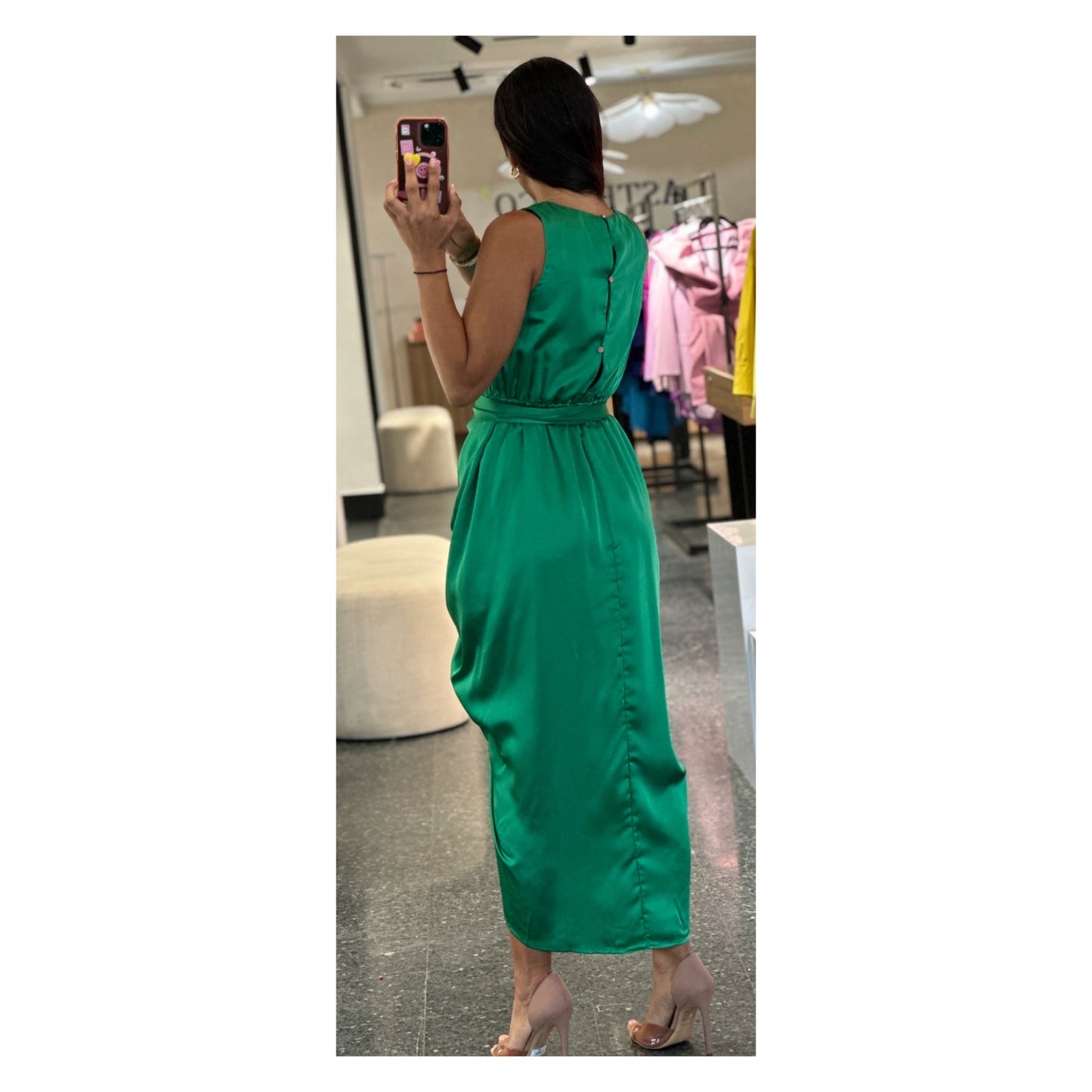 GREEN FRONT SHIRRING DETAIL MIDI DRESS