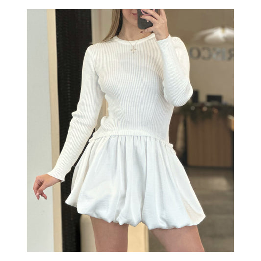 RIBBED SWEATER COMBINATION BUBBLE SKIRT MINI DRESS