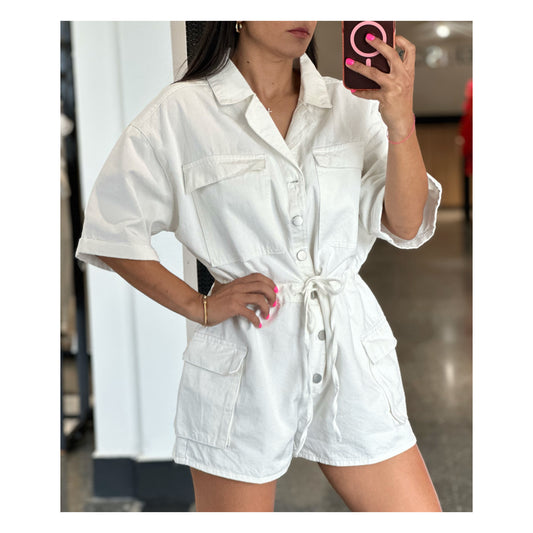 WHITE BUTTON UP POCKETS SELF TIE DENIM ROMPER