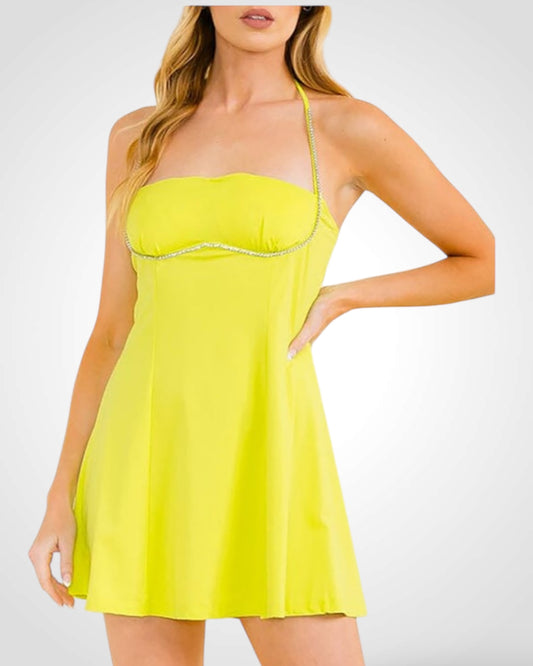 LIME SOLID STUDS DETIL OPEN BACK FLARE DRESS