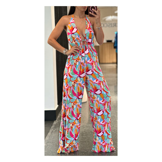 SLEEVELESS V-NECK OPEN BACK MULTI PRINT JUMPSUIT