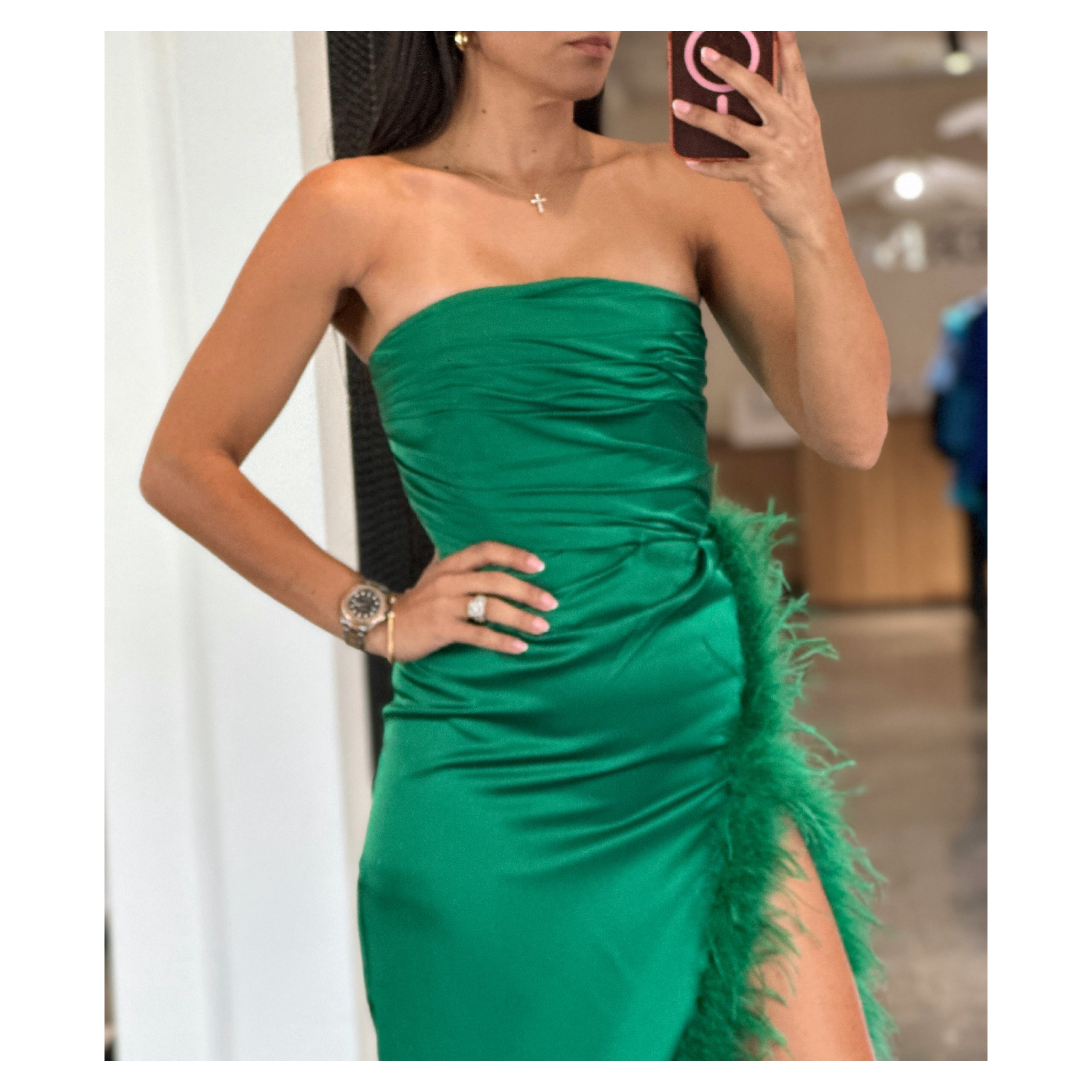 PERRIN EMERALD GREEN FEATHER DRESS HIGH SLIT GOWN Asterisco Boutique