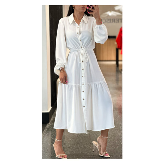 LONG PUFF SLEEVE BUTTON UP MAXI DRESS