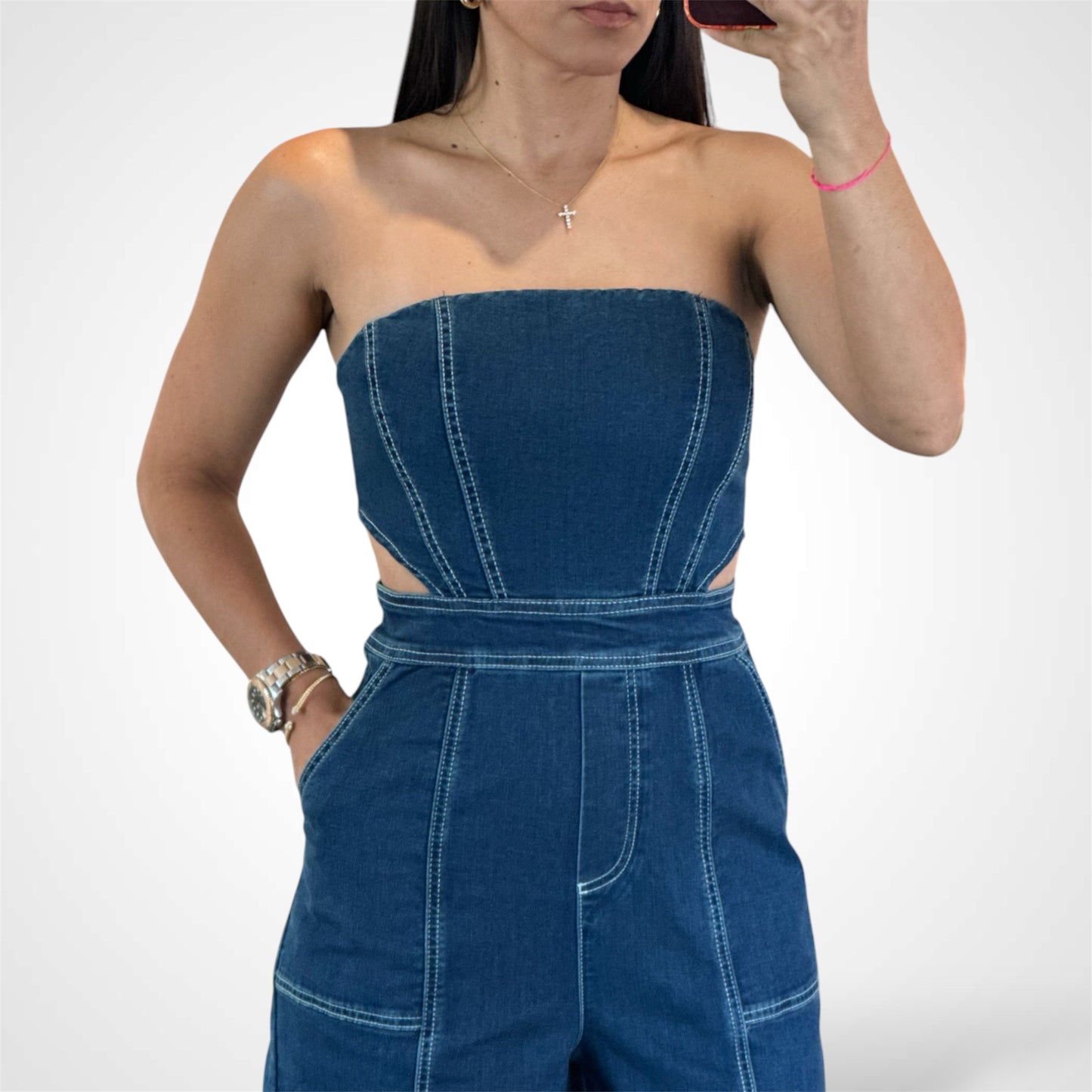 Denim Tube Cut-Out Jumpsuit