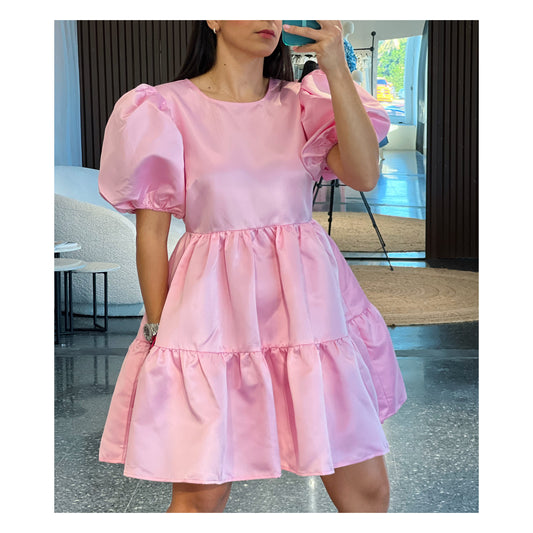 SATIN TIERED PUFF SLEEVE MINI DRESS