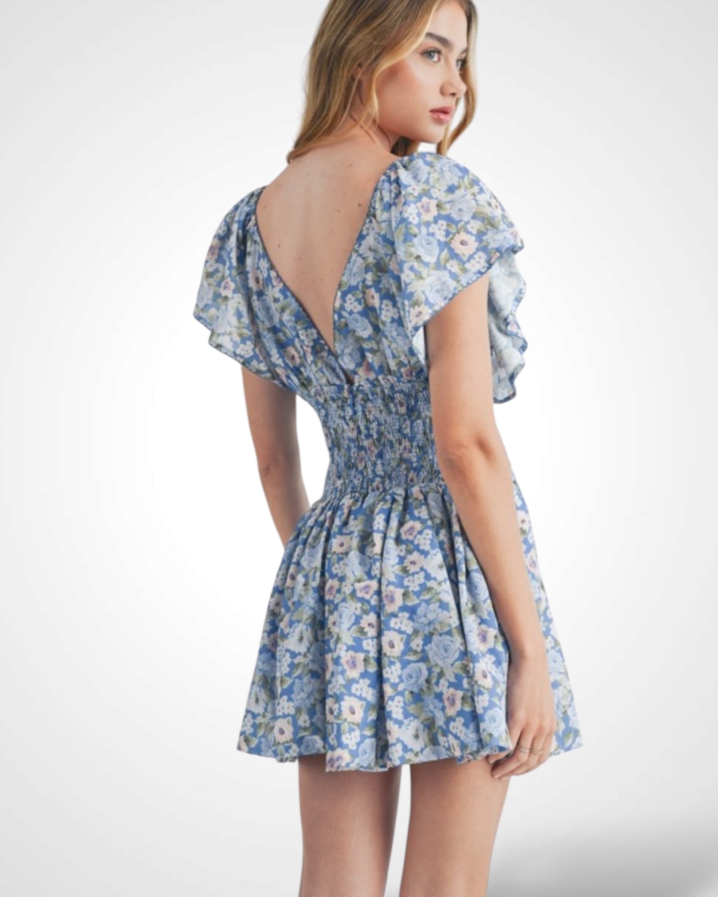 FLORAL FLUTTER SLEEVE PLEATED WAIST MINI DRESS