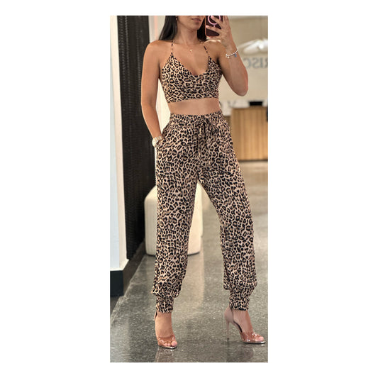 SJQ- COWL NECK LEOPARD CROP TOP JOGGER PANTS