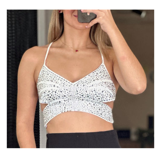 IVORY KINSLEY RHINESTONE DETAIL CROSS BACK CROP TOP