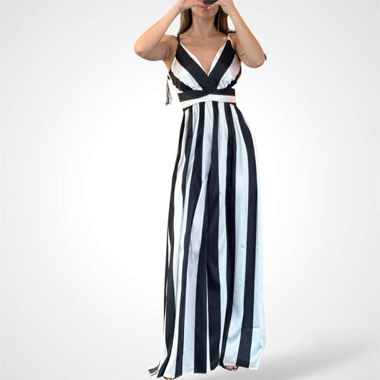 SATIN WIDE EVEN STRIPE WIDE LEG JUMPSUIT