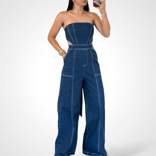 Denim Tube Cut-Out Jumpsuit