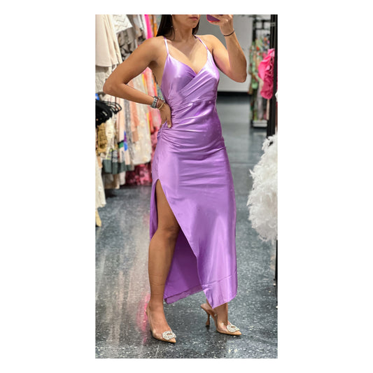 SATIN SURPLIC WRAP RUCHED SLIT MIDI DRESS