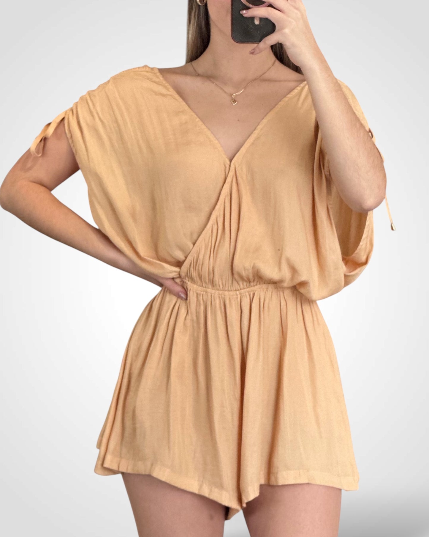 SATIN ROMPER WITH ADJUSTABLE DRAWSTRING SLEEVES