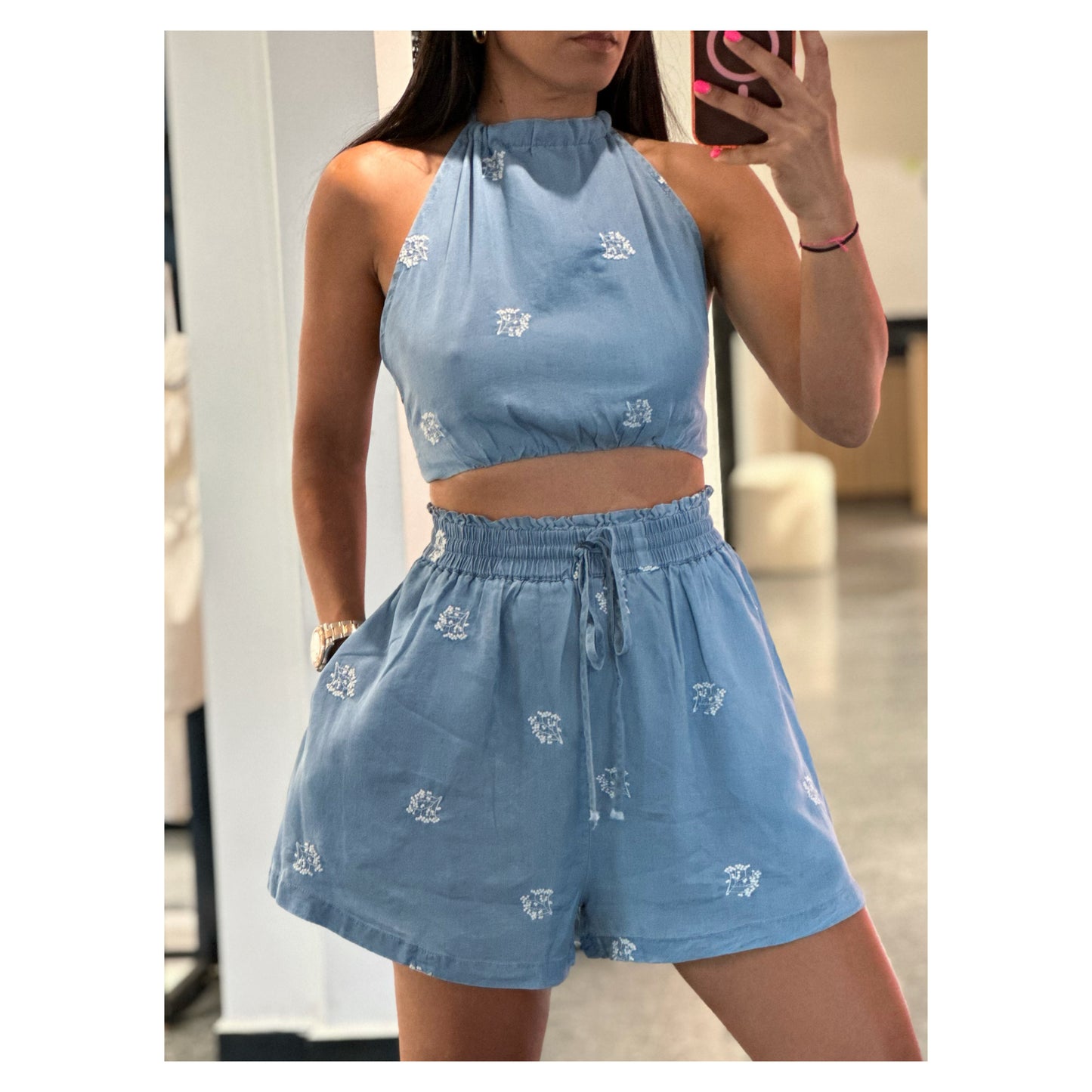 TENCEL DENIM EMBROIDERED CROP TOP AND SHORTS SET