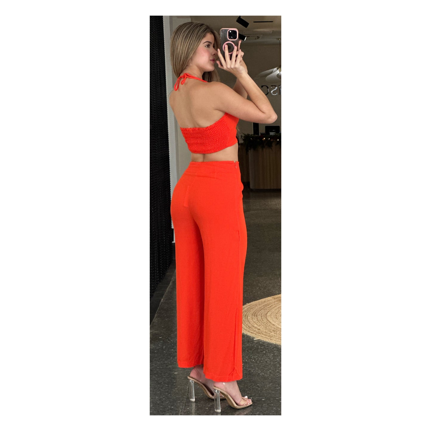 ORANGE SPAGHETTI STRAP SOLID CROP TOP & PANTS SET