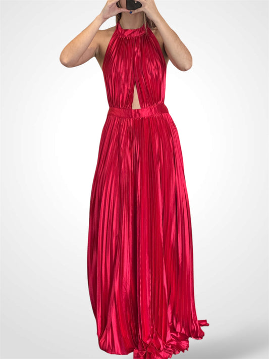 RED SATIN PLEATED HALTER DRESS