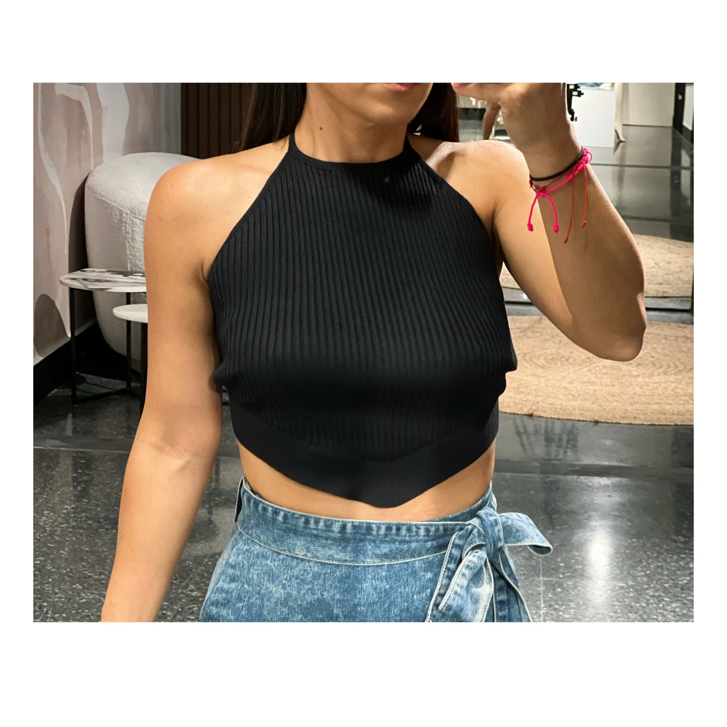 RIBBED KNIT HANDKERCHIEF HALTER CROP TOP