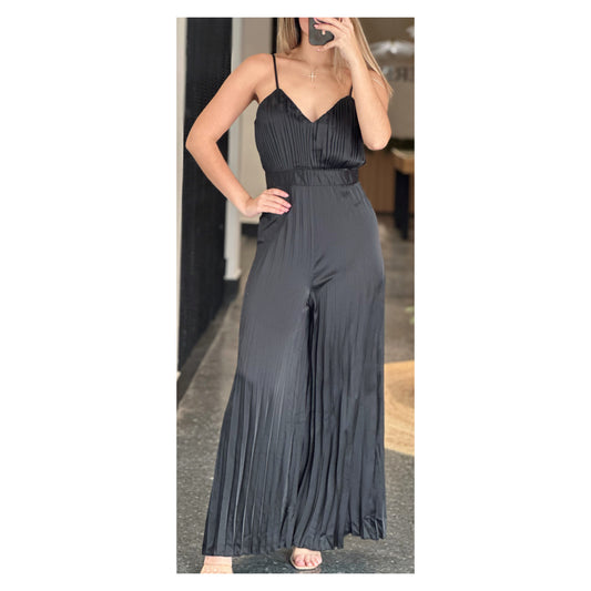 SATIN SPAGHETTI STRAP PLEATED WIDE LEG JUMPSUIT