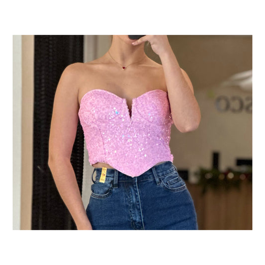 WOMENS SLEEVELESS V-NECK SEQUINS TUBE CROP TOP (Pink)