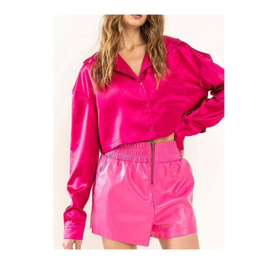 MAGENTA LONG SLEEVE BUTTON UP SATIN BLOUSE TOP