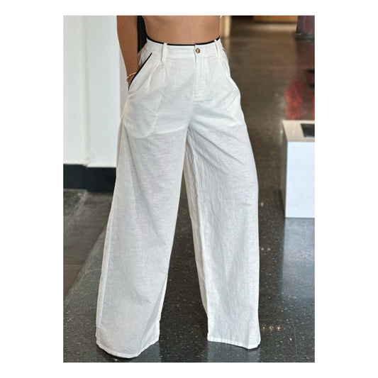 OFF WHITE/BLACK CONTRAST PIPING DETAILED LINEN PANTS