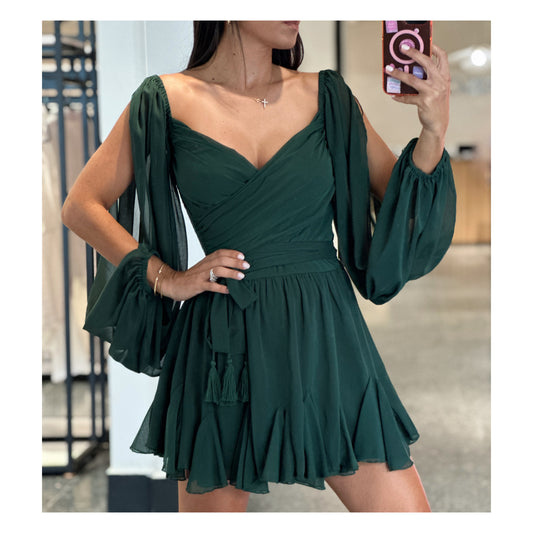 HUNTER GREEN SOLID FLUTTER DRESS