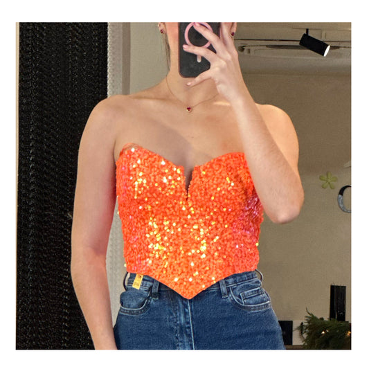 WOMENS SLEEVELESS V-NECK SEQUINS TUBE CROP TOP (Orange)