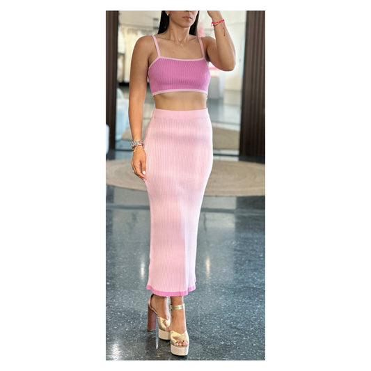 PINK CONTRAST SPAGHETTI SWEATER CROP TOP & MAXI SKIRT