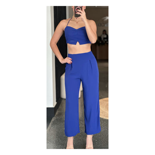 ROYAL SPAGHETTI STRAP SOLID CROP TOP & PANTS SET