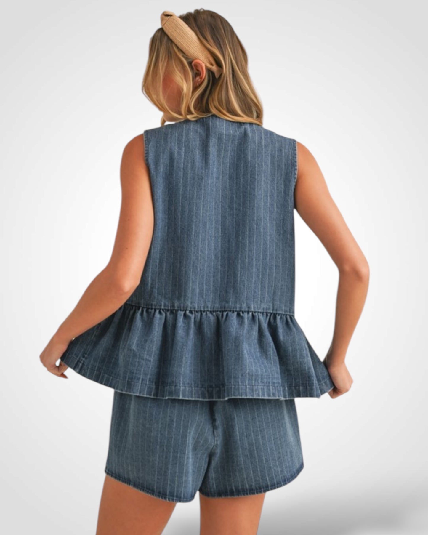 STRIPED DENIM TIE FRONT PEPLUM TOP AND SHORTS