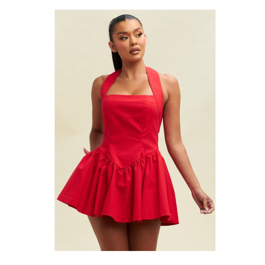 RED SOLID CORSET HALTER DRESS