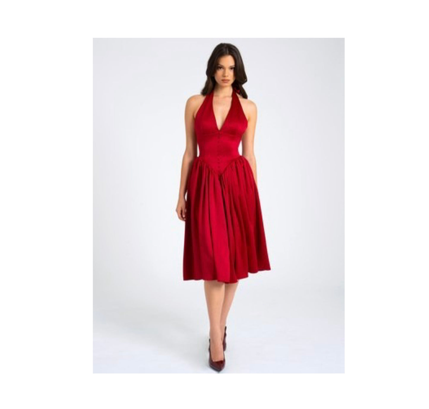 CARA RED PLUNGING HALTER BACKLESS MAXI DRESS