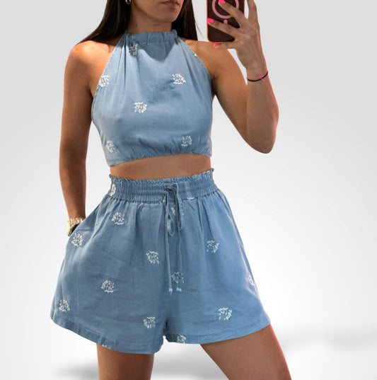 TENCEL DENIM EMBROIDERED CROP TOP AND SHORTS SET