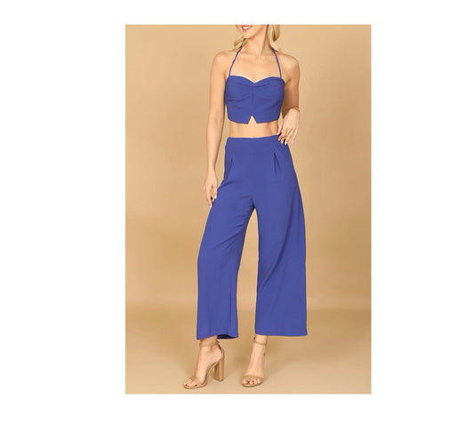 ROYAL SPAGHETTI STRAP SOLID CROP TOP & PANTS SET