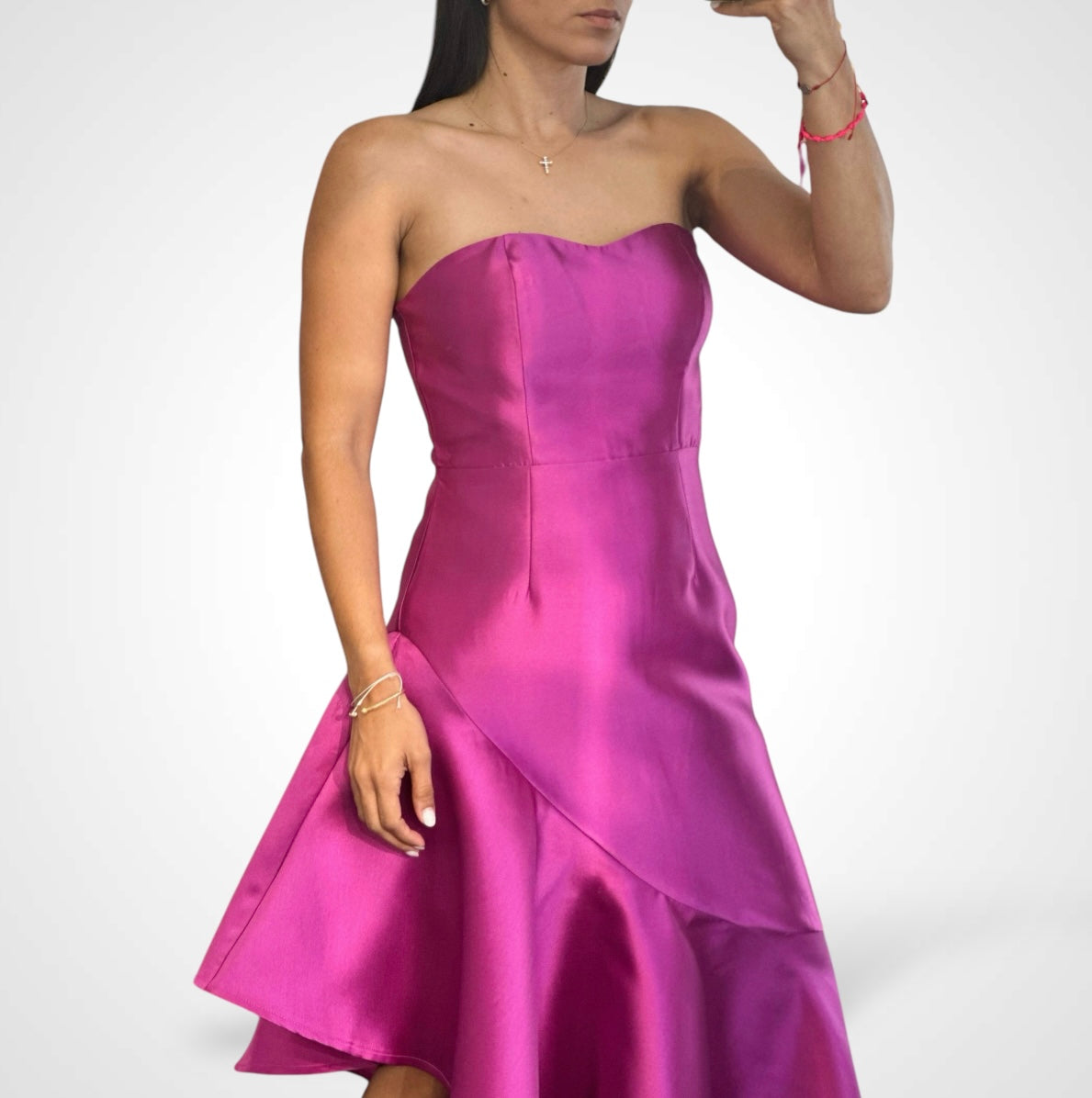 MAGENTA STRAPLESS ASYMMETRICAL TAFETTA DRESS