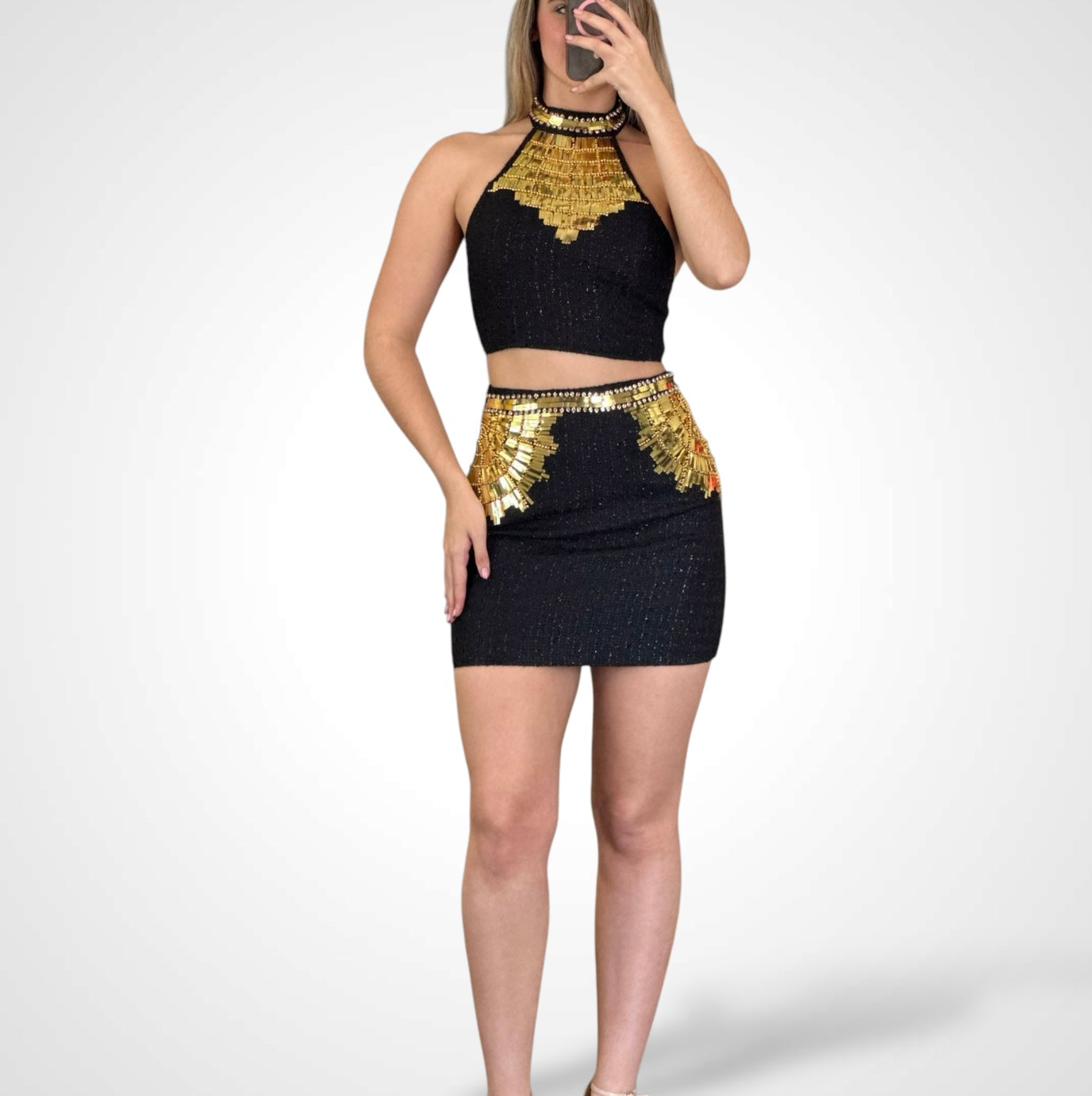 GOLD SEQUIN TWEED SKIRT 2-PC SET