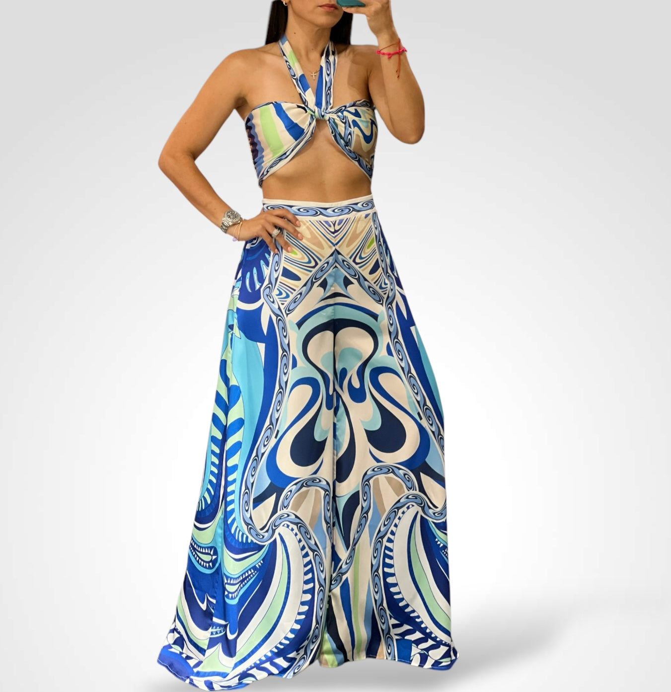 Convertible Scarf crop top and Wide pants set