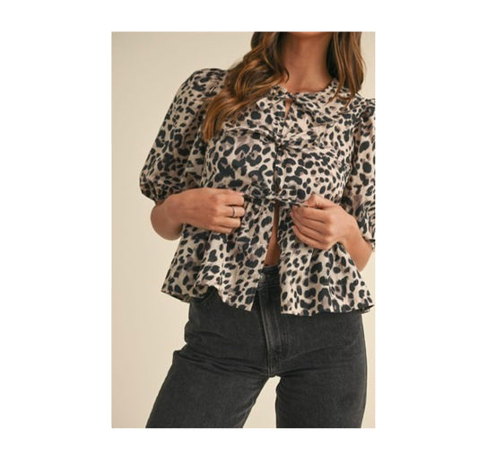 LEOPARD PUFF SLEEVE PEPLUM FRONT TIE TOP