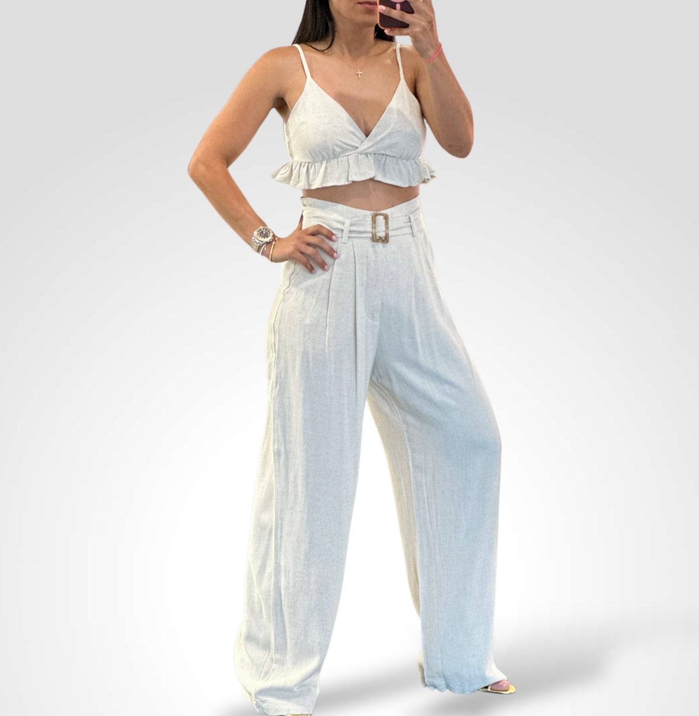 RUFFLE HEM CAMI TOP AND BELTED PAPER BAG PANTS SET