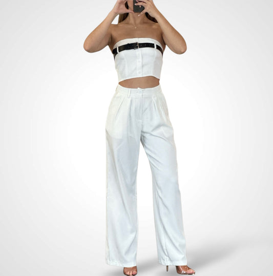 CASSIE BELTED CROP TUBE TOP & STRAIGHT PANTS SET