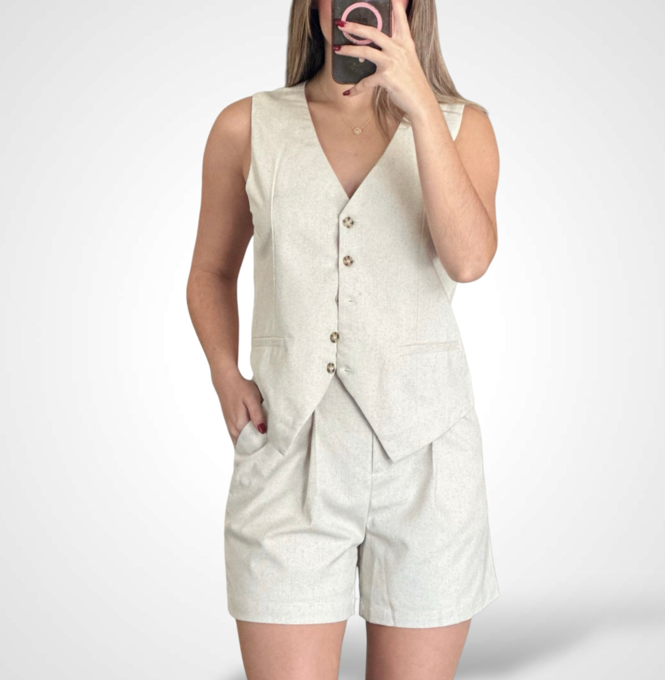 Linen V- neck vest and shorts Sets