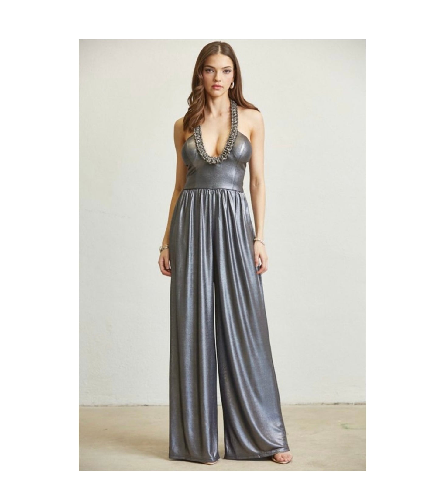 GUNMETAL BRAIDED RHINESTONE METALLIC JUMPSUIT