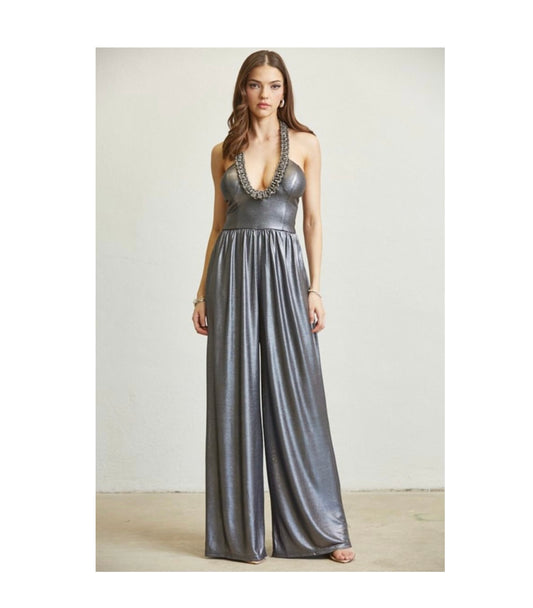 GUNMETAL BRAIDED RHINESTONE METALLIC JUMPSUIT