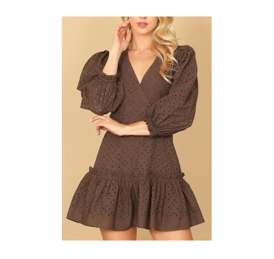 PUFF SLEEVE WRAP EYELET RUFFLE HEM MINI DRESS