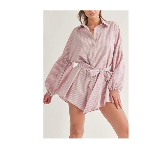 PINK LONG SLEEVE BUTTON UP SELF TIE STRIPES ROMPER