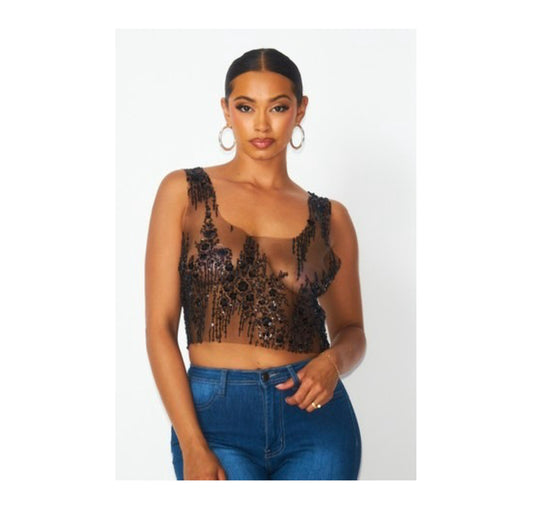 MONET SEQUIN EMBELLISHED MESH SLEEVELESS CROP TOP