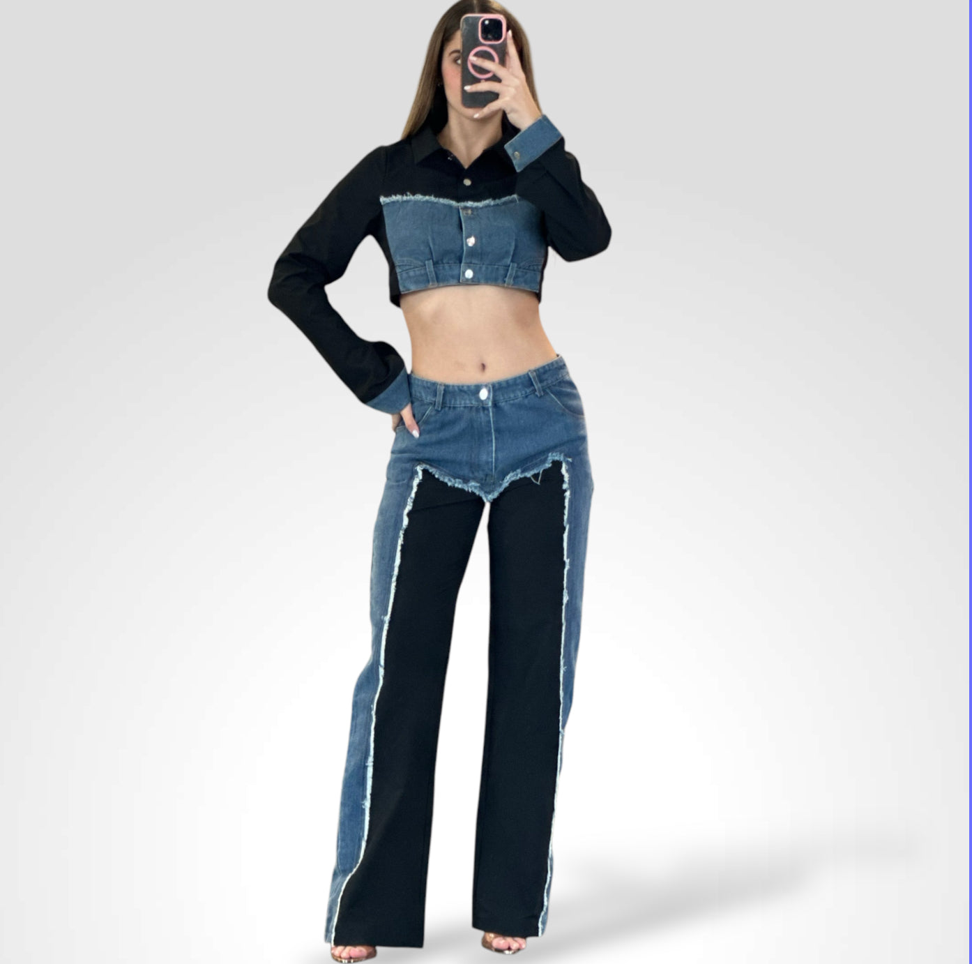 Shelly Denim Contrast Crop Shirt & Pants Set