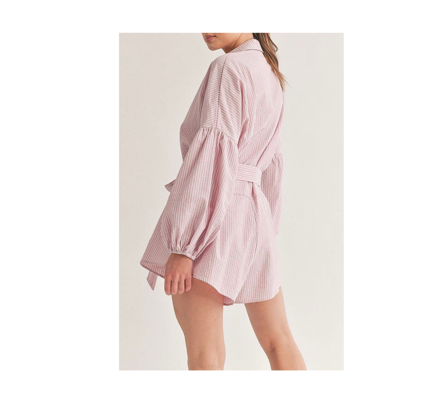 PINK LONG SLEEVE BUTTON UP SELF TIE STRIPES ROMPER