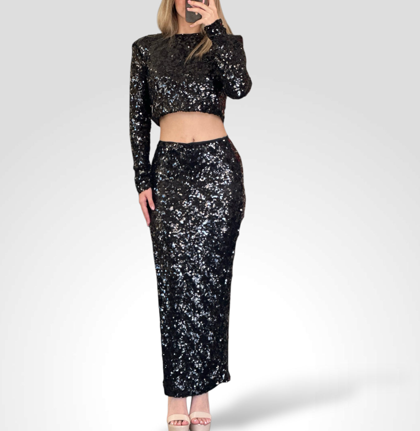 SEQUIN LONG SLEEVE CROP TOP AND MIDI SKIRT