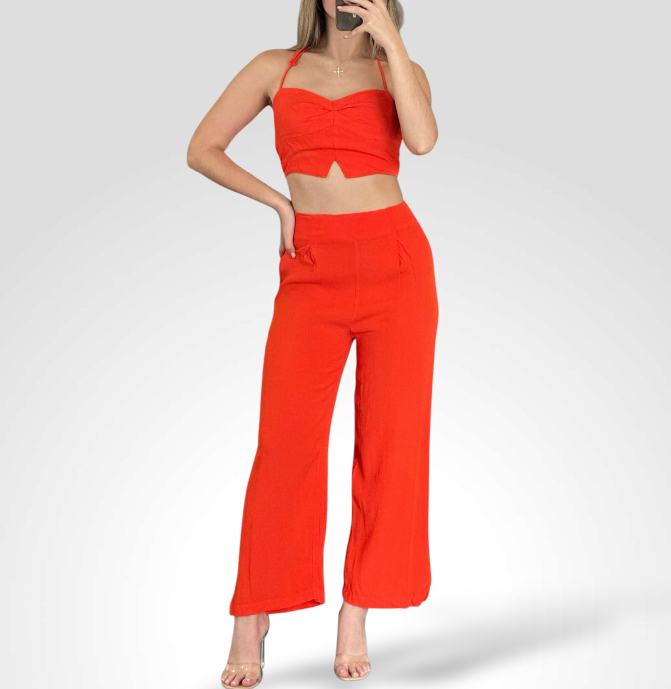 ORANGE SPAGHETTI STRAP SOLID CROP TOP & PANTS SET