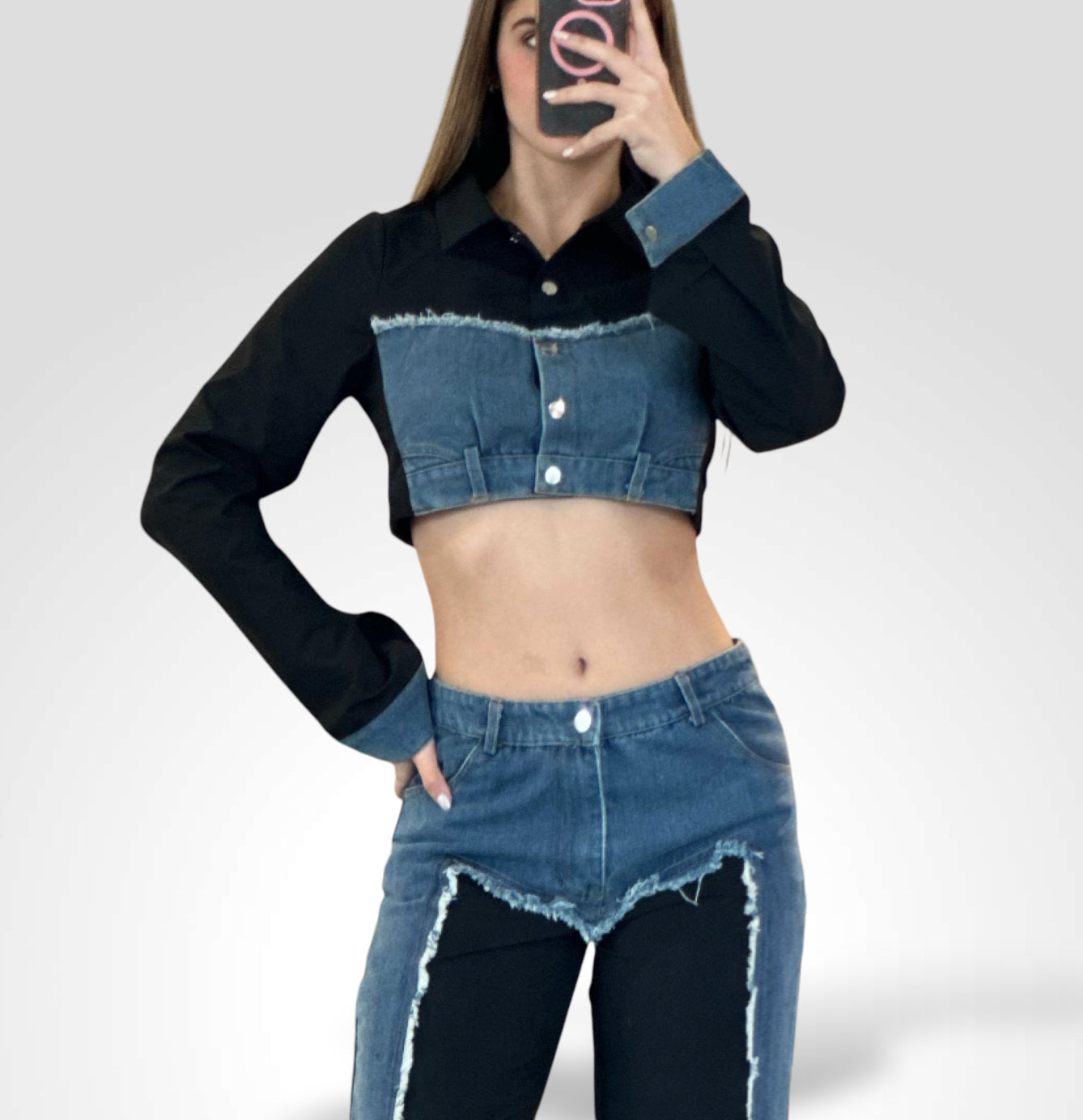 Shelly Denim Contrast Crop Shirt & Pants Set